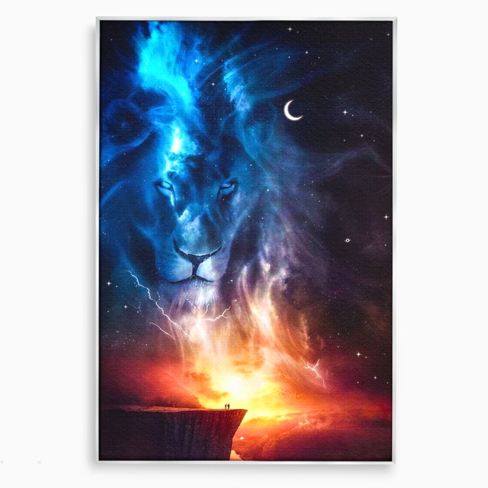Tablou canvas cu tablou canvas cu leu in univers, in rama de aluminiu argintiu